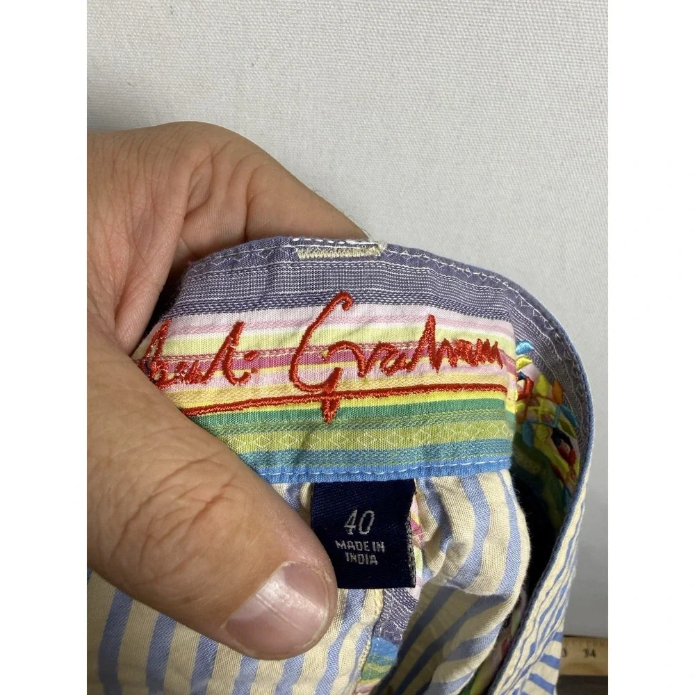 NWT Robert Graham Shorts Men 40 Blue Yellow Pinstripe Side Fastner Colorful Trim